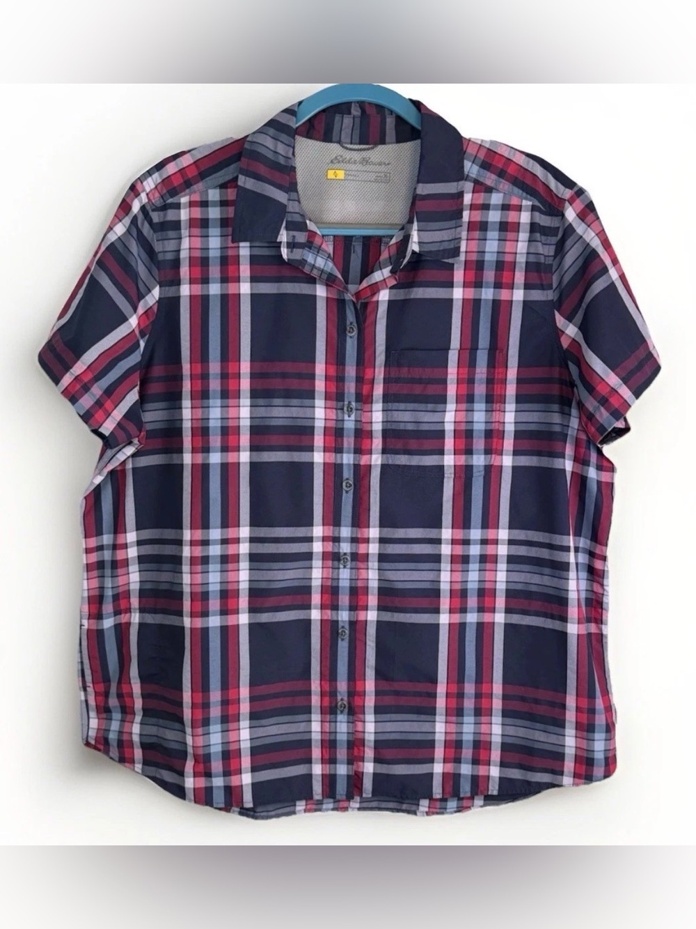 Eddie Bauer Women's XL Short Sleeve Shirt Hiking Gorpcore Navy Plaid Breathable